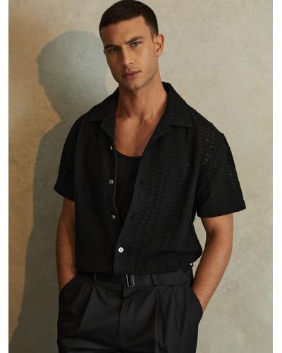 Reiss Paradise Cotton Crochet Cuban Collar Shirt - Black