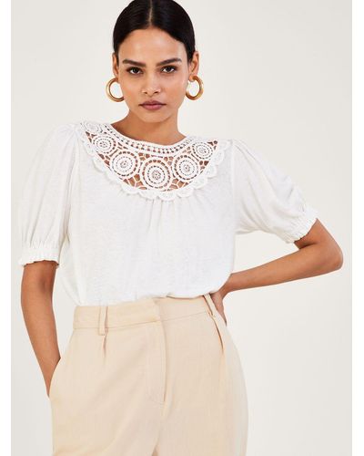 Monsoon Linen Crochet Frill Sleeve Top - White