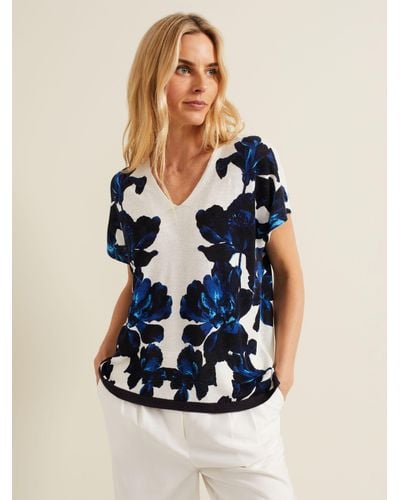 Phase Eight Mia Floral Linen Blend Top - Blue