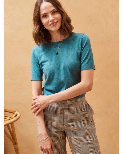 Brora Cotton Knitted Short Sleeve Top - Blue