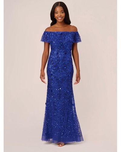 Adrianna Papell Embellished Mesh Bardot Mermaid Gown - Blue