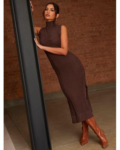 Chi Chi London Cable Knit Roll Neck Midi Dress - Brown