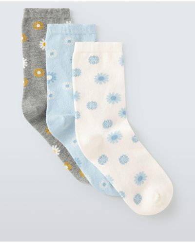 John Lewis Floral Print Cotton Mix Ankle Socks - Blue