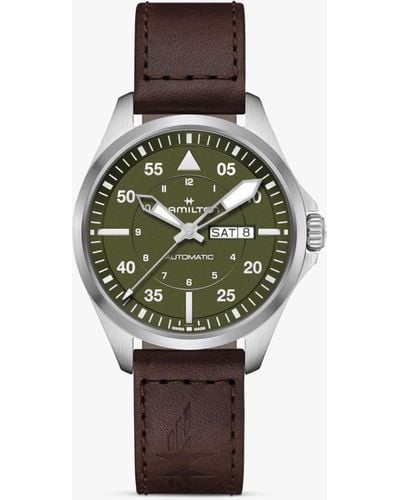 Hamilton H64635560 Khaki Aviation Pilot Day Date Automatic Leather Strap Watch - Green