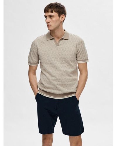 SELECTED Geometric Knit Polo Shirt - Grey