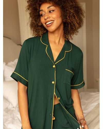 Cyberjammies Gabrielle Jersey Revere Collar Shorty Pyjama Set - Green