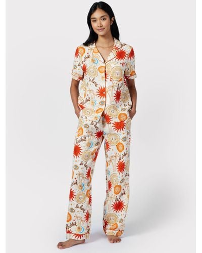 Chelsea Peers Sun & Moon Print Short Sleeve Long Pyjamas - White