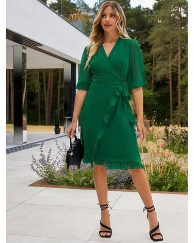 Chi Chi London Ruffle Trim Knee Length Wrap Dress - Green