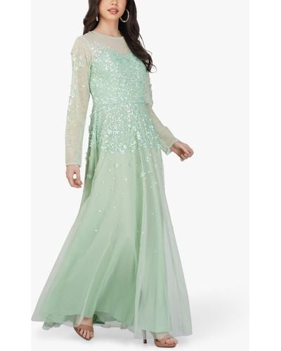 LACE & BEADS Luciene Long Sleeve Embellished Maxi Dress - Green