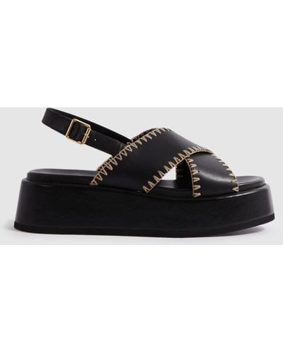 Reiss Melissa Raffia Stitch Leather Flatform Sandals - Black