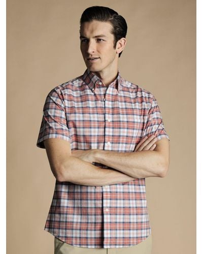 Charles Tyrwhitt Check Short Sleeve Non-iron Stretch Poplin Shirt - Natural