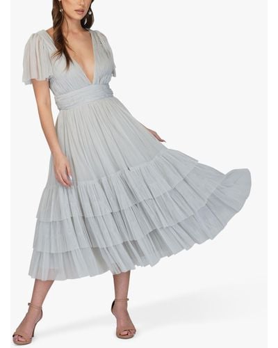 LACE & BEADS Maddison V-neck Layered Skirt Midi Dress - Grey