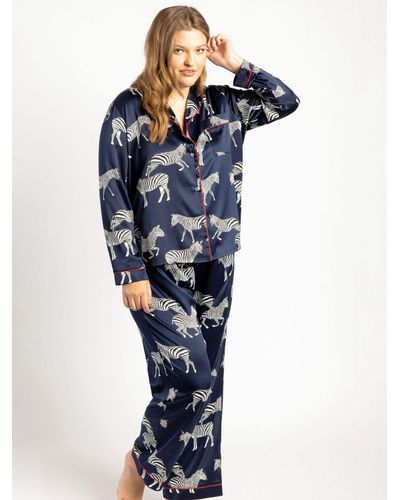 Chelsea Peers Curve Zebra Long Shirt Satin Pyjama Set - Blue