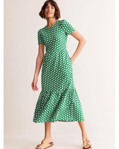 Boden Emma Honeycomb Geometric Tiered Jersey Dress - Green