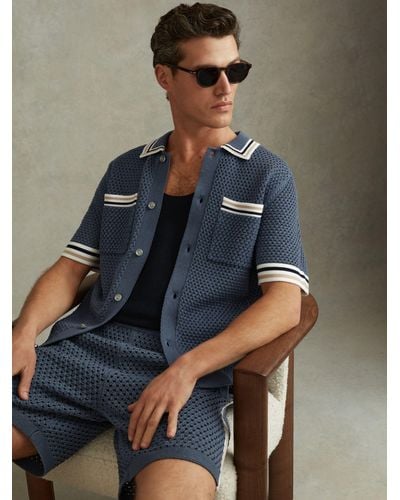 Reiss Coulson Short Sleeve Crochet Tipped Shirt - Blue