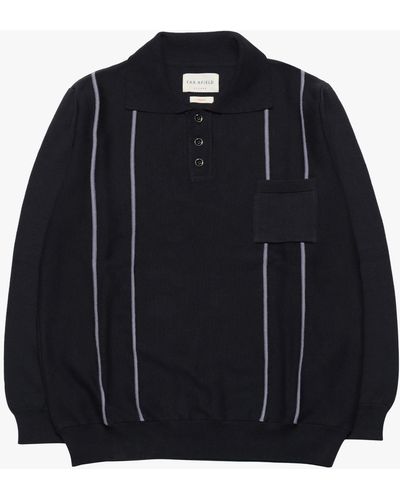 Far Afield Long Sleeve Cotton Polo Shirt - Blue