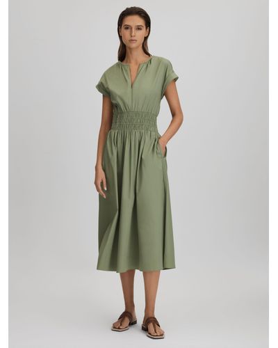 Reiss Lena Ruched Waist Cotton Midi Dress - Green
