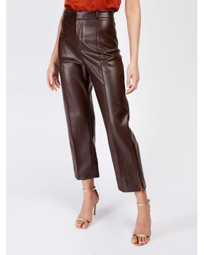 Little Mistress Leather Look Wide Leg Cropped Trousers - Brown