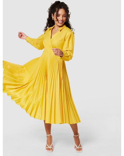 Closet Pleated Wrap Midi Dress - Yellow