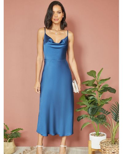 Yumi' Cowl Neck Slip Midi Dress - Blue