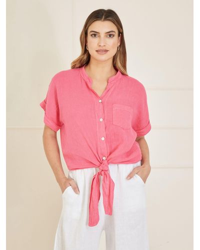 Yumi' Italian Linen Front Tie Shirt - Pink