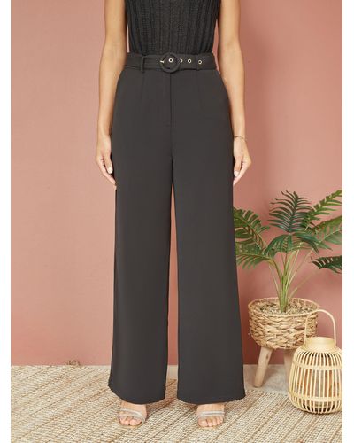 Yumi' Straight Leg Crepe Belted Trousers - Black