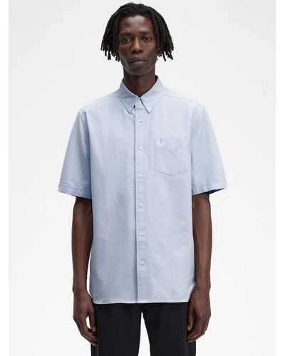Fred Perry Cotton Short Sleeve Oxford Shirt - Blue