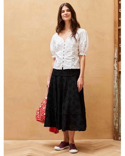Brora Organic Cotton Broderie Anglaise Midi Skirt - Black