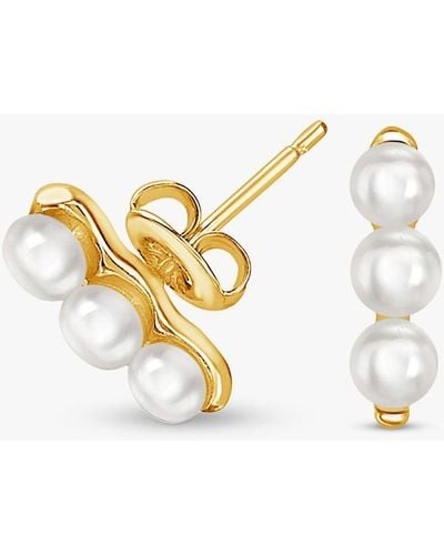 Dower & Hall Timeless Pearls Triple Pearl Bar Stud Earrings - Metallic