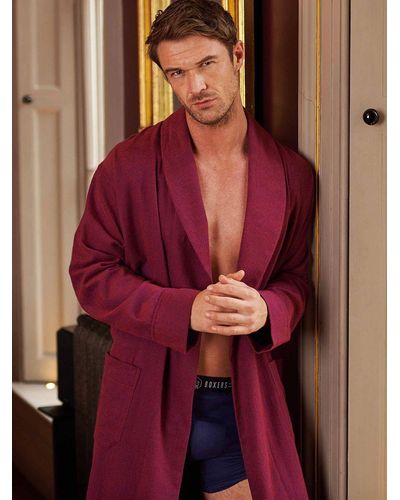 British Boxers Herringbone Brushed Cotton Dressing Gown - Red