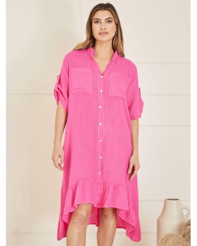Yumi' Italian Linen Frill Detail Midi Shirt Dress - Pink