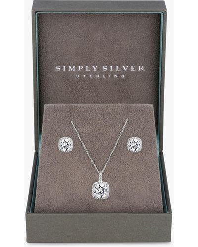 Simply Silver Halo Square Cubic Zirconia Pendant Necklace & Stud Earrings Jewellery Set - Grey