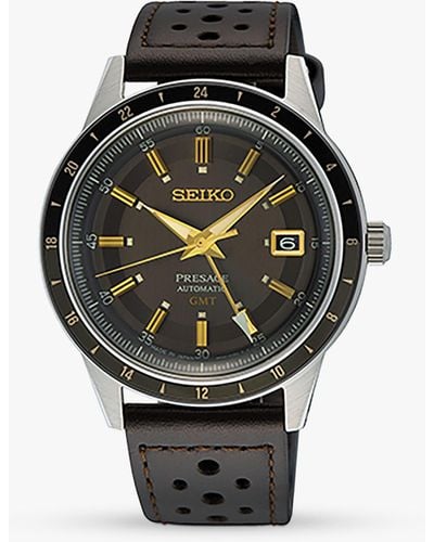 Seiko Ssk013j1 Presage Style 60s Road Trip Gmt Automatic Leather Strap Watch - Black