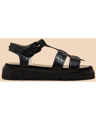 White Stuff Rose Croc Effect Leather Flatform Sandals - Black