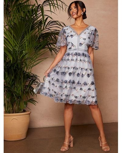 Chi Chi London Floral Embroidered Dress - Blue
