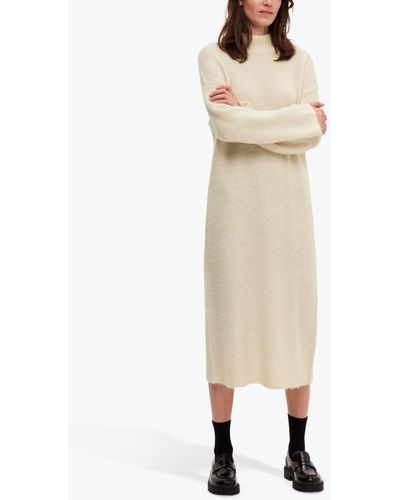 SELECTED Wool Blend High Neck Midi Jumper Dress - Natural