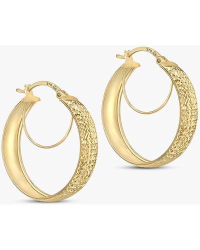 Ib&b 9ct Gold Diamond Cut Double Hoop Creole Earrings - Metallic