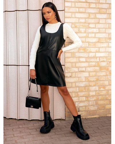 Chi Chi London Faux Leather Pinafore Dress - Natural