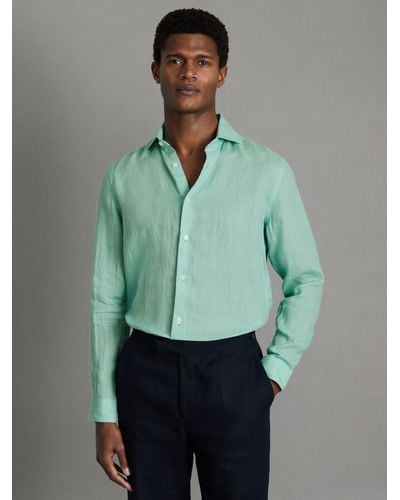 Reiss Ruban - Bermuda Green Linen Button-through Shirt