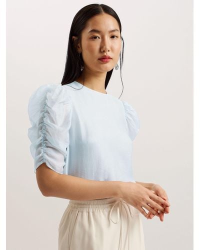 Ted Baker Sachiko Ruched Puff Sleeve Organza Top - Grey