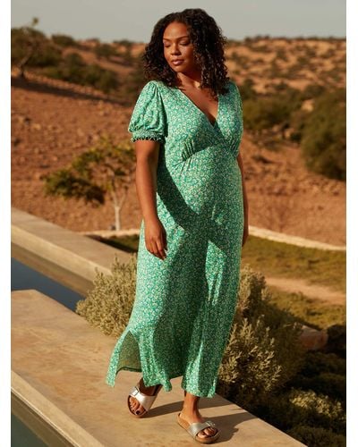 Live Unlimited Curve Ditsy Jersey Shirred Cuff Maxi Dress - Green