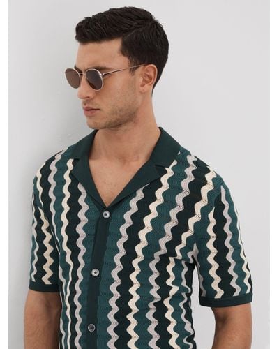Reiss Waves Cuban Collar Graphic Stripe Shirt - Green
