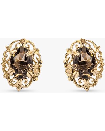 L & T Heirlooms Second Hand 9ct Yellow Gold Scrollwork Citrine Stud Earrings - Metallic