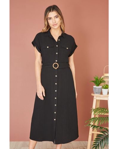 Yumi' Button Through Midi Shirt Dress - Black