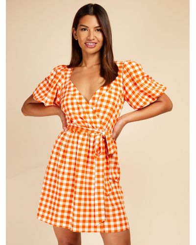 Little Mistress Gingham Wrap Mini Dress - Orange