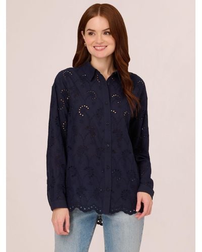 Adrianna Papell Eyelet Button Front Tunic Blouse - Blue