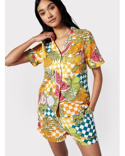 Chelsea Peers Linen Blend Fruit Checkerboard Short Pyjama Set - Yellow