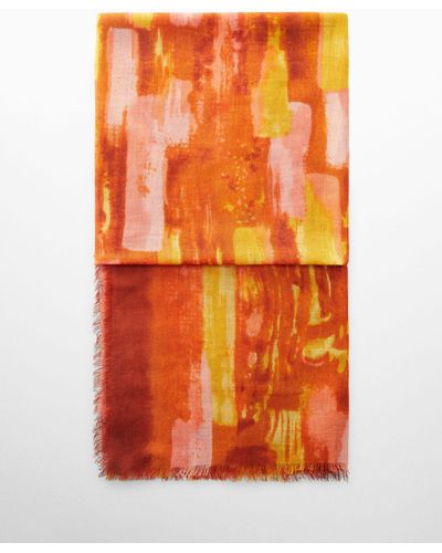 Mango Linen Blend Abstract Print Scarf - Orange