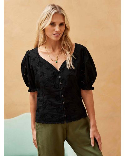 Brora Organic Cotton Broderie Anglaise Blouse - Black