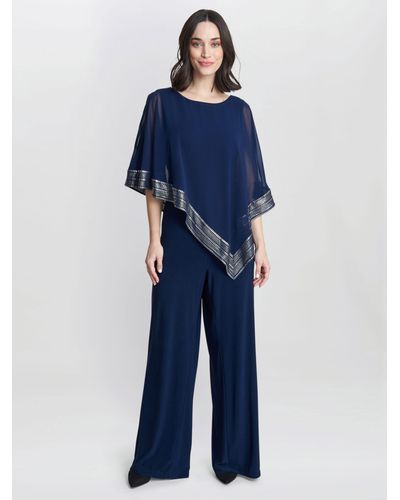 Gina Bacconi Eve Asymmetrical Foil Trim Cape Jumpsuit - Blue
